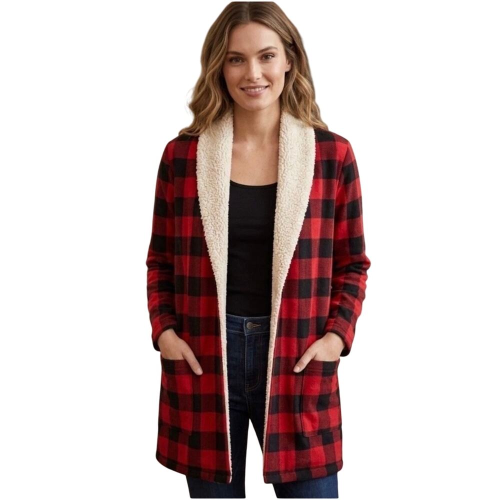 NWT EDDIE BAUER Red Buffalo Check Sherpa Lined Open Front Cardigan